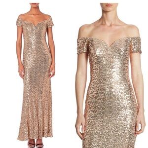 BADGLEY MISCHKA Blush Gold Sequin Sweetheart Neck Off Shoulder Trumpet Gown Sz 6